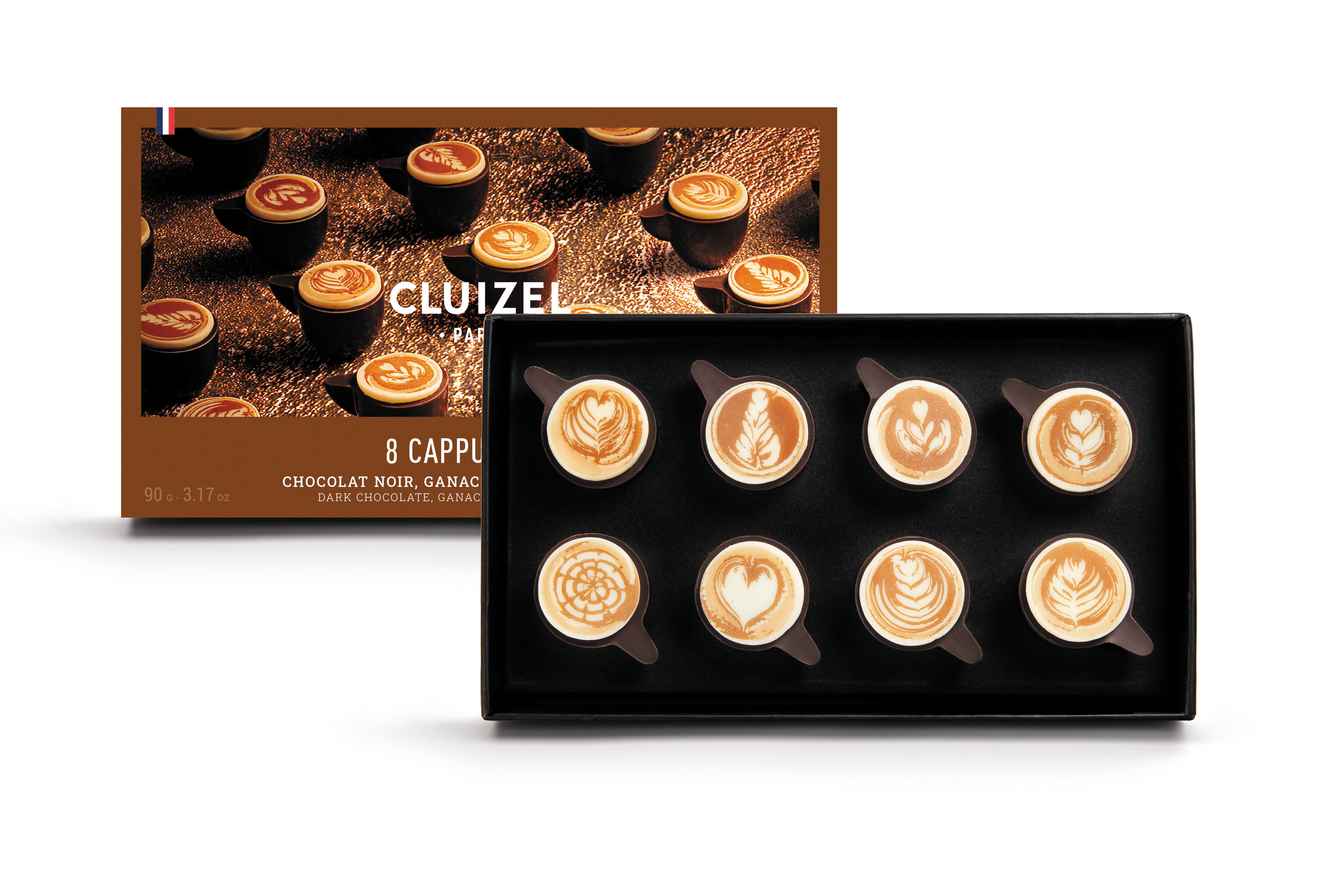 Cluizel Boxed Set of 8 Cappuccino Cups with Dark Chocolate and Chocolate Coffee Ganache