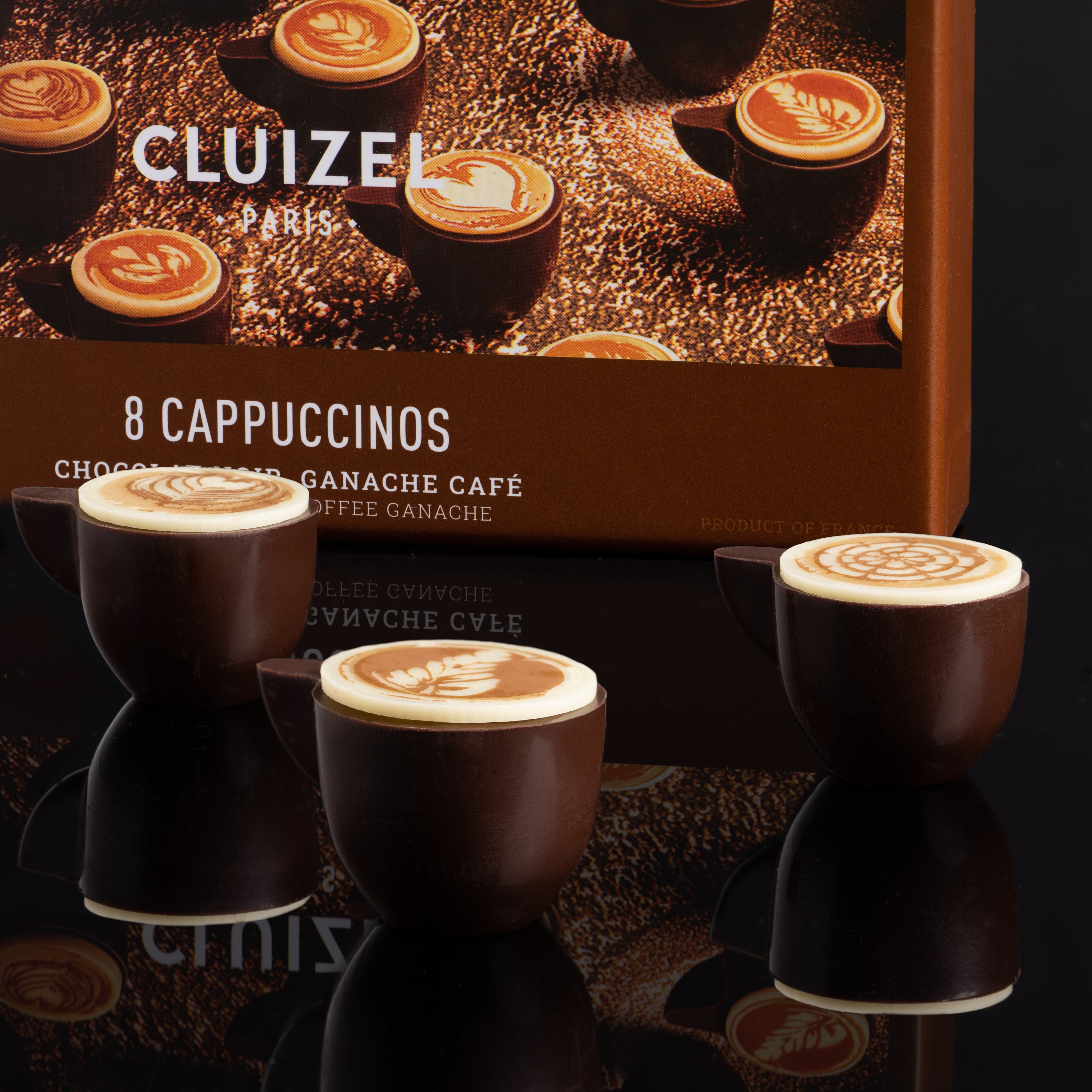 Cluizel Boxed Set of 8 Cappuccino Cups with Dark Chocolate and Chocolate Coffee Ganache