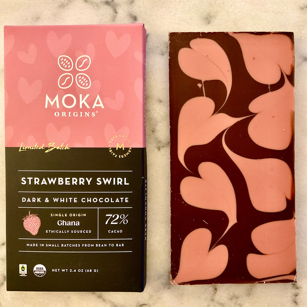 Moka Origin Dark and White Chocolate Strawberry Swril 72%