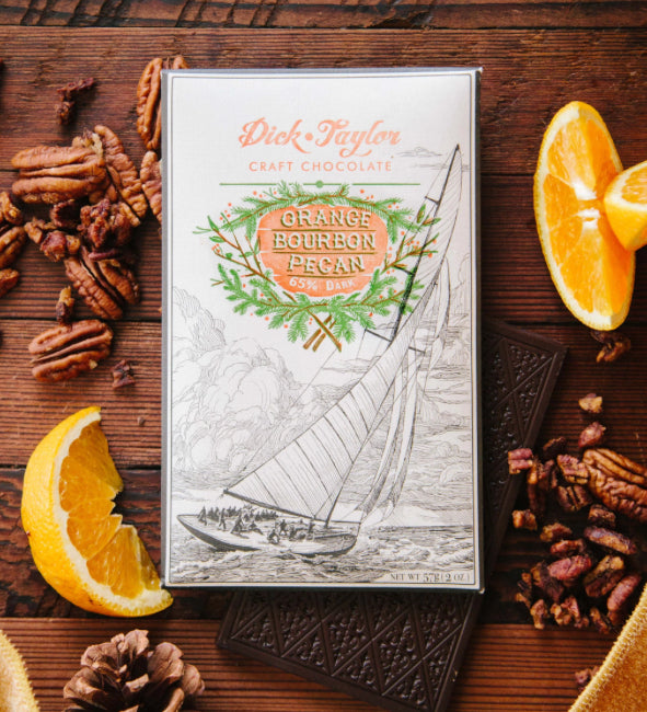 Dick Taylor Orange Bourbon Pecan 65% Dark Chocolate Bar